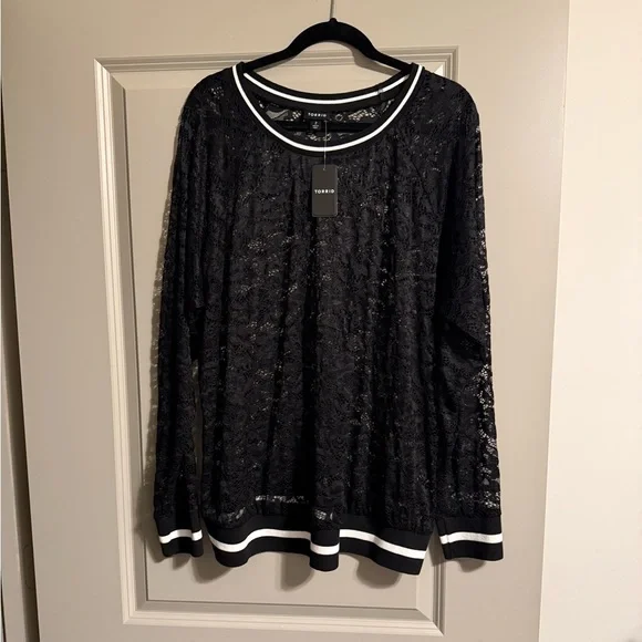 Black Lace Top with White Trim - Picture 1 of 3